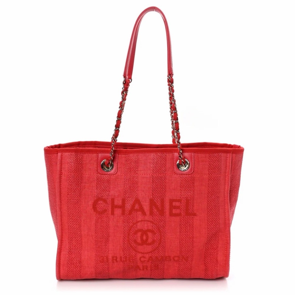 CHANEL

Mixed Fibers Striped Small Deauville Tote Red